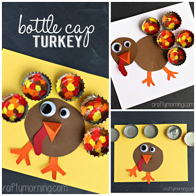 Painted Bottle Cap Turkey Craft for Thanksgiving