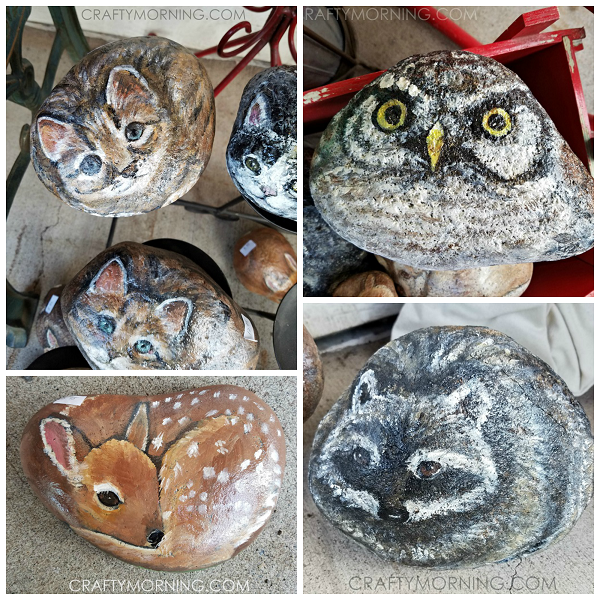Painted Rocks: Cats, Owl, Raccoon, and Deer