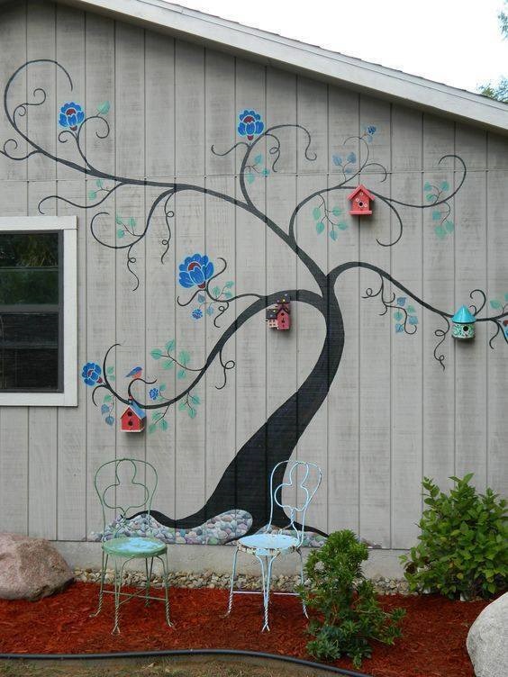Painted Tree Bird House Mural