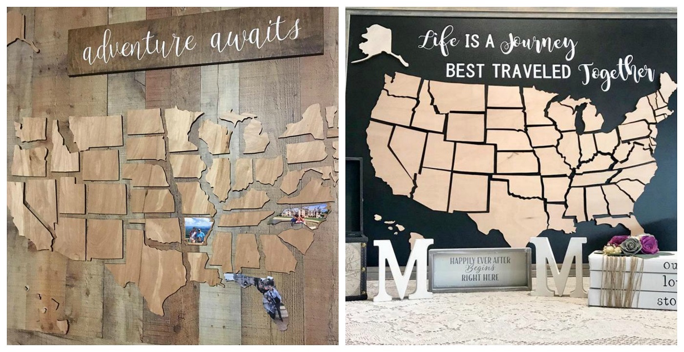 Document your travel by mod podging your photos to these wood map pieces