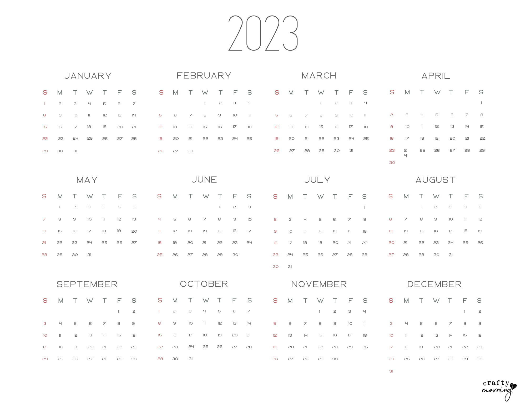 2023 Yearly Printable Calendar - Crafty Morning