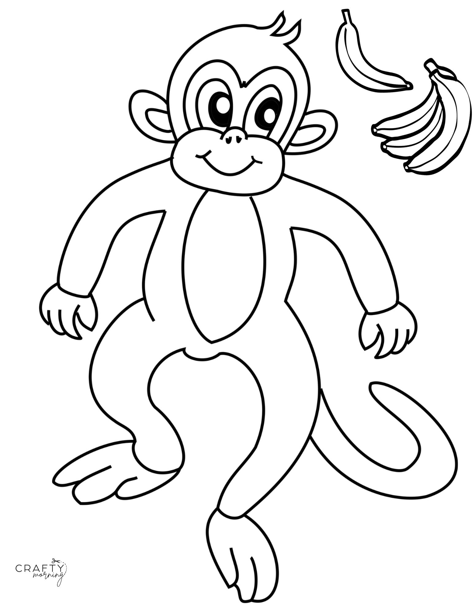 A pencil drawing sketch of a monkey, full white body, black and white  background, left to right angle, children's colouring book on Craiyon